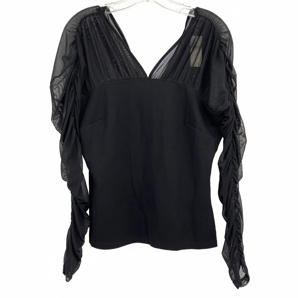 Maeve Black Blouse Ruched Mesh Accent Long Sleeve | Womens M